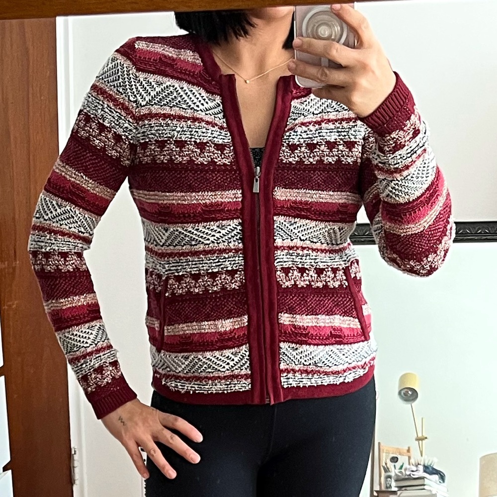 LOFT Small Petite Burgundy Full Zip Textured Cardigan Sweater